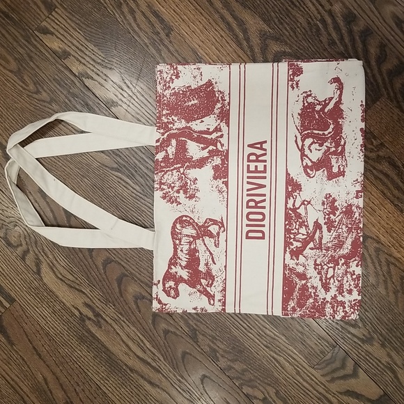 Dior Red and White Toile-Style Tote Bag - Picture 2 of 3